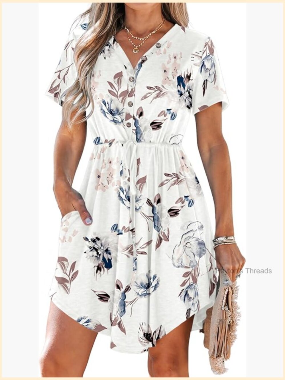Summer Mini T-Shirt Dress With Pockets V-Neck Drawstring Flowy